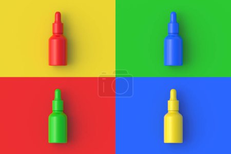 Set of four different color dropper bottle on colorful segmental background. 3d render