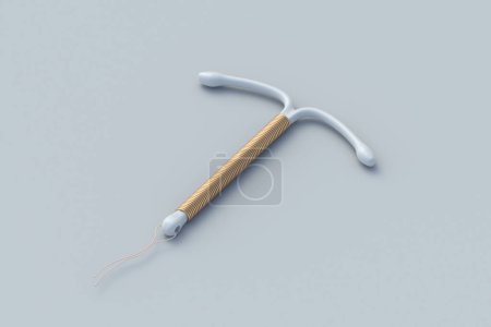 Birth control device on gray background. T-shape female contraceptive. Intrauterine device with coil. Sex education. Prevention method and contraception. Unwanted pregnancy. 3d render