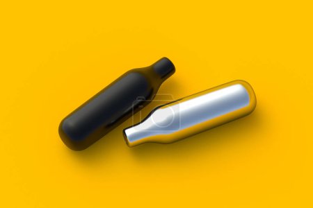 Two black and white CO2 cartridges on orange background. Laughing gas. Metal tank with compressed air for weapon. Nitrous Oxide container. 3d render