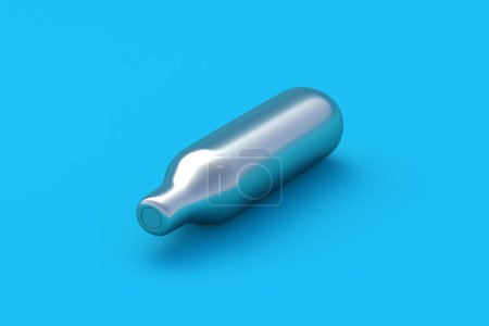 One CO2 cartridge on blue background. Laughing gas. Metal tank with compressed air for weapon. Nitrous Oxide container. 3d render