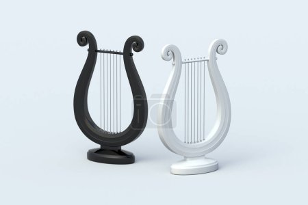 Zwei Leiern auf grauem Hintergrund. Altes griechisches Musikinstrument. 3D-Darstellung