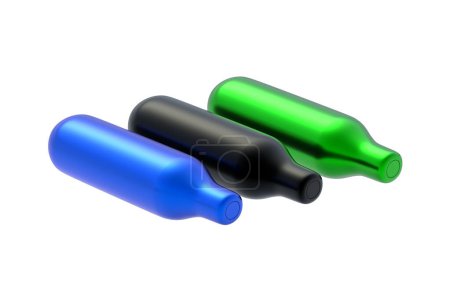 Row of colorful CO2 cartridges isolated on white background. Laughing gas. Metal tank with compressed air for weapon. Nitrous Oxide container. 3d render