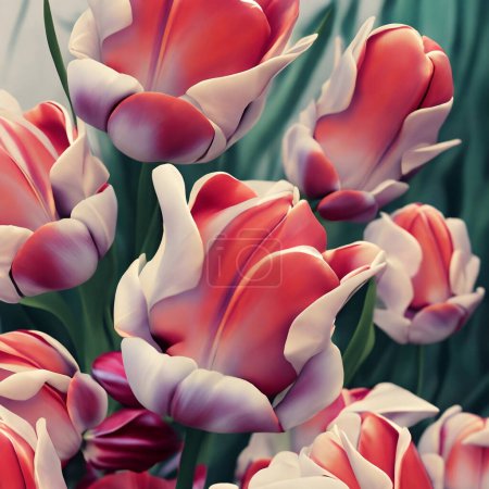Photo for Red and pink tulips with realistic vibrant colors with petals and lush green leaves - Royalty Free Image