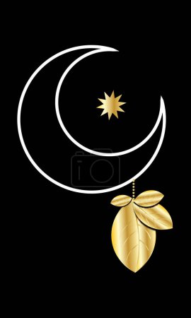 Photo for Moon Crescent with golden leaves hanging with a rope. Shining golden star in the night sky - Royalty Free Image