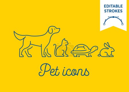 Pet icon set with editable strokes. Dog, cat, turtle and rabbit symbols on yellow background. Minimal dog, pussy, tortoise and bunny outlines for infographics or web use. Pixel perfect flat design.
