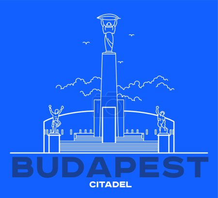 Photo for Citadel line art icon, Europe. Vector art illustration flat design. Citadella fortress in Budapest famous architectural landmark. Historical Hungarian fortification in Buda, tourist destination. - Royalty Free Image