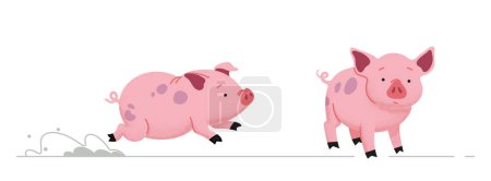 Ilustración de Illustration of two cute pigs. Two pigs next to each other. One of them runs away. The other is standing still. Pink pigs for children's books - Imagen libre de derechos