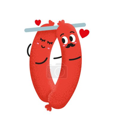 Photo for Cute sausage couple love each other. A pair of cartoon sausage vector illustration. Grill party design element. The male sausage have moustache. Creative design for children tales. - Royalty Free Image