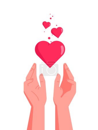 Illustration for Hands reaching for floating red hearts. Vector illustration concept for sharing love, helping others, charity supported by global community. Stickers for social media and mobile apps and games. - Royalty Free Image