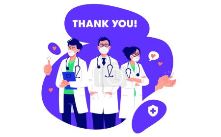 DOCTORS in white medical face mask fight against viruses. Professional hospital workers for web design. Thank you frontline heroes for fighting the coronavirus. Vector illustration of doctors.