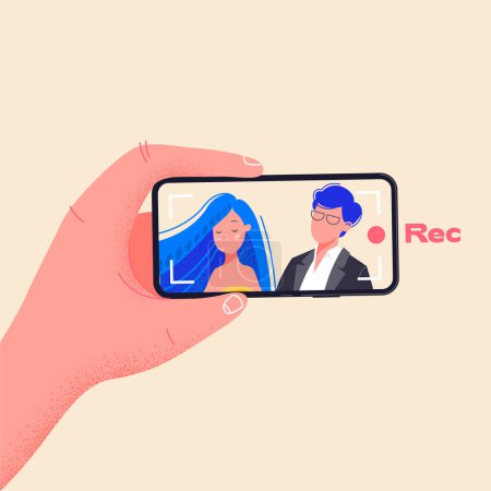 Téléchargez les illustrations : Man hold phone horizontally and record video. Make video by pressing red record button. Young couple on smartphone screen vector illustration. Flat design drawing about phone addiction. - en licence libre de droit
