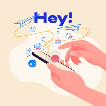 Hombre mantenga el teléfono inteligente y escriba un nuevo mensaje. Envía emojis a tus amigos. Ilustración vectorial, ideal para sitios web y startups. Adicción a las redes sociales, recoger gustos y comentarios.