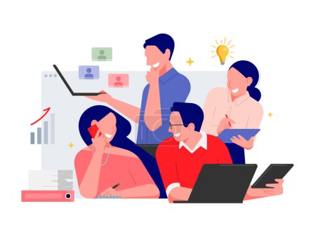 Téléchargez les illustrations : Startup colleagues work together. Business concept minimal illustration. Businessman and Businesswoman taking part in business activities. Teamwork in the office. Modern trendy concepts for web sites - en licence libre de droit