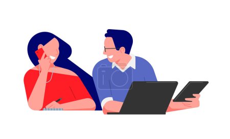 Illustration for Colleagues work next to each other. Business concept minimal illustration. Men and women taking part in business activities. Teamwork in the office. Modern trendy concepts for web sites. - Royalty Free Image