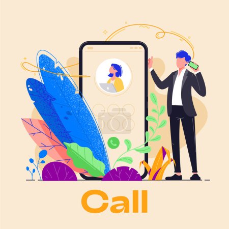 Illustration for Businessman holding phone and call colleague. Incoming call on smartphone vector illustration. Speaking with coworker in green eco friendly office. Minimal design office plants and elegant businessman - Royalty Free Image