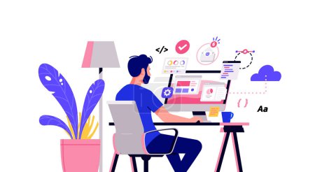 Illustration for Working at home vector flat style illustration. Online career. Coworking space illustration. Young man freelancers working on laptop or computer at home. Developer at home in quarantine. - Royalty Free Image
