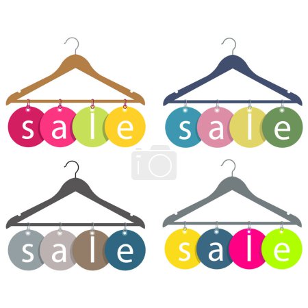 Illustration for 4 cloth hangers with sale tags labelled in vector format - Royalty Free Image