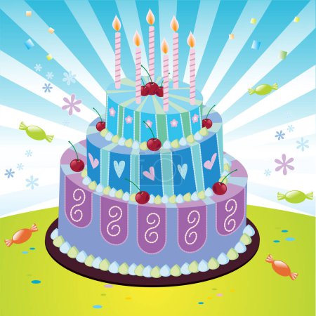 Ilustración de Pastel de cumpleaños con velas. Ilustraciones vectoriales dibujadas a mano para tarjetas, banners y camisetas - Imagen libre de derechos