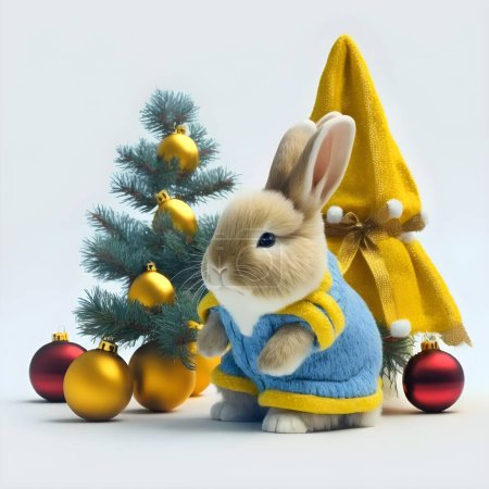 Cute rabbit in a blue and yellow costume near a Christmas tree with golden and red toys