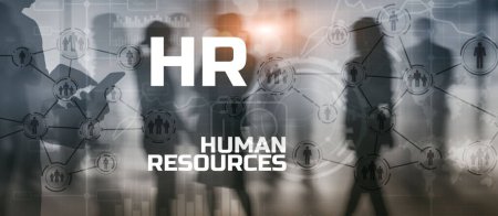 Foto de HR - Concepto de gestión y contratación de recursos humanos. Doble exposición personas red estructura de medios mixtos. - Imagen libre de derechos