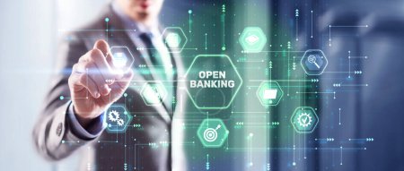 Téléchargez les photos : Businessman is touching hologram open banking. Technology Finance concept. - en image libre de droit