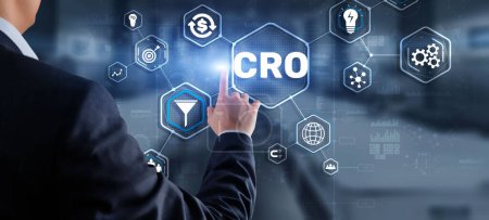 Téléchargez les photos : Optimisation du taux de conversion. CRO Technology Finance concept Homme d'affaires pressant sur un écran virtuel. - en image libre de droit
