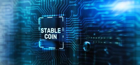 Moneda estable. Stablecoins Criptomonedas Estable Valor de Mercado Moneda Monedas CPU Chip background.