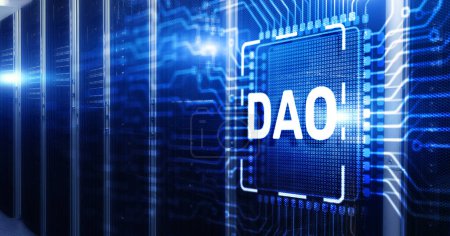 Téléchargez les photos : DAO. Organisation autonome décentralisée sur la puce de carte de circuit électronique 3d. - en image libre de droit