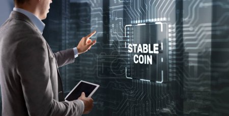 Man clicks on the inscription: Stable Coin. Stablecoins Cryptocurrencies Stable Market Price Value Coin Currency.