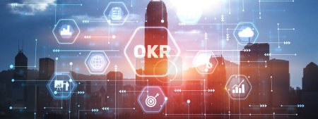 Téléchargez les photos : OKR Objective key result business technology finance concept on city background. - en image libre de droit