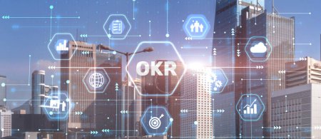 Téléchargez les photos : OKR Objective key result business technology finance concept on city background. - en image libre de droit