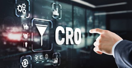 Téléchargez les photos : Optimisation du taux de conversion. CRO Technology Finance concept Homme d'affaires pressant sur un écran virtuel. - en image libre de droit