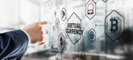 Téléchargez les photos : Symboles de devise sur un écran virtuel. Monnaie virtuelle Concept d'investissement 2023. - en image libre de droit