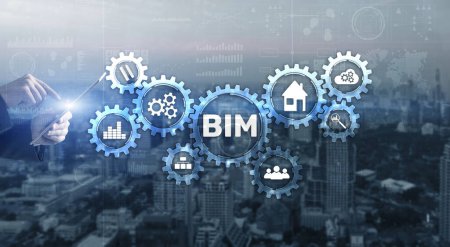 BIM Building Information modeling engineering software system. Mixed media.