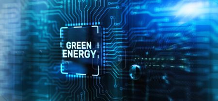 Foto de Inscription on 3d Electronic Circuit Board Chip: Green Energy saving concept. - Imagen libre de derechos