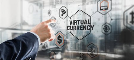 Téléchargez les photos : Symboles de devise sur un écran virtuel. Monnaie virtuelle Concept d'investissement 2023. - en image libre de droit