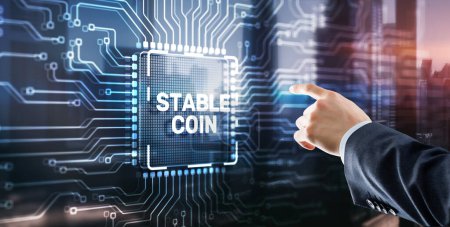 Man clicks on the inscription: Stable Coin. Stablecoins Cryptocurrencies Stable Market Price Value Coin Currency.