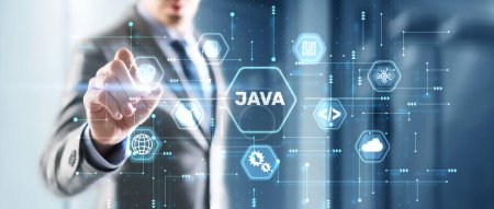 Téléchargez les photos : Businessman clicks Java programming language application concept on virtual screen. - en image libre de droit
