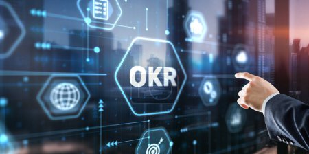 Téléchargez les photos : OKR Objectif résultat clé entreprise technologie finance concept sur écran virtuel. - en image libre de droit