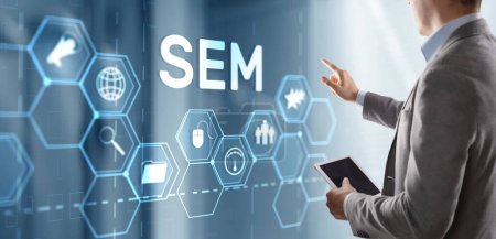 Téléchargez les photos : SEM Search Engine Optimization Marketing Classement Trafic Site web Technologie Concept de communication. - en image libre de droit