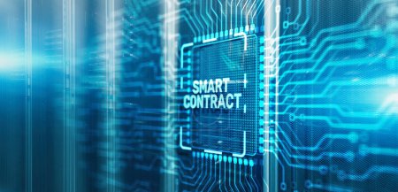Foto de Inscription Smart contract, blockchain in modern business technology on Electronic Circuit Board Chip CPU. - Imagen libre de derechos