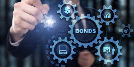 Empresario hace clic en enlaces de inscripción. Financiación de bonos Tecnología Bancaria Concepto de engranajes.