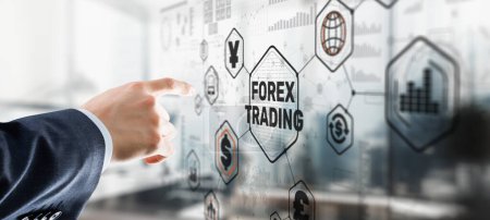 Foto de Empresario tocando el dedo en la pantalla virtual y seleccionando Forex Trading. - Imagen libre de derechos