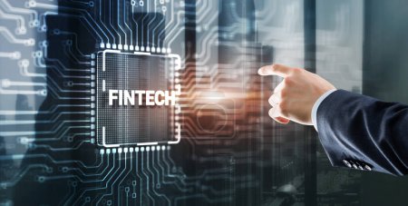 Foto de Aprovechando la inscripción Fintech tecnología financiera dinero digital internet banca concepto. - Imagen libre de derechos