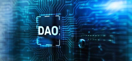 Téléchargez les photos : DAO. Organisation autonome décentralisée sur la puce de carte de circuit électronique 3d. - en image libre de droit