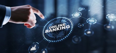 Foto de Banking Online Internet Payment Technology. Businessman presses a button Banking. - Imagen libre de derechos