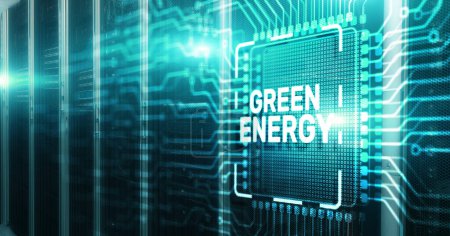 Foto de Inscription on 3d Electronic Circuit Board Chip: Green Energy saving concept. - Imagen libre de derechos