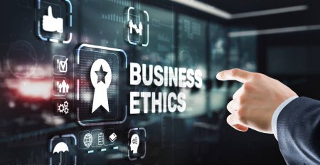 Téléchargez les photos : Éthique des affaires Concept de comportement et de manières. Homme d'affaires appuyant sur le bouton sur l'écran virtuel. - en image libre de droit