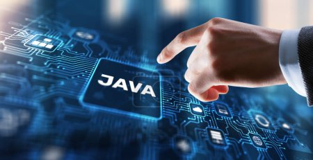 Téléchargez les photos : Businessman clicks Java programming language application concept on virtual screen. - en image libre de droit