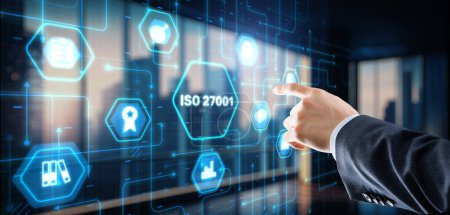 ISO-Norm-Zertifizierung Standardisierung Qualitätskontrollkonzept auf virtuellem Bildschirm.